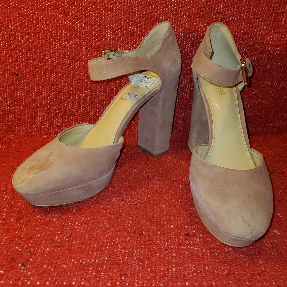 Michale Kors dusty mauve faux suede ankle strap D'Orsay chunk heel platform pump